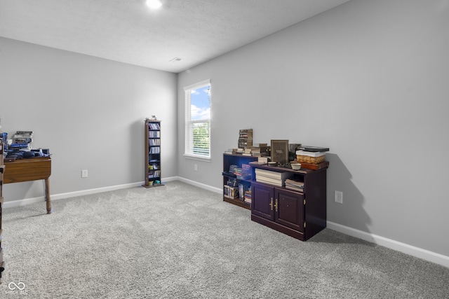 miscellaneous room featuring light carpet, a textured ceiling, and baseboards