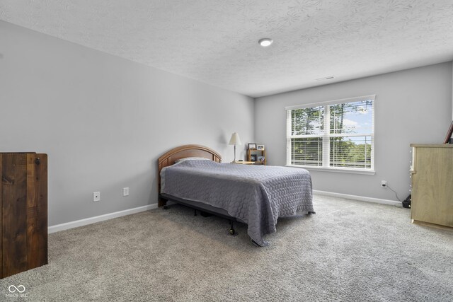 bedroom with carpet and a textured ceiling