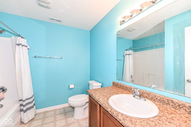 full bathroom featuring vanity, toilet, and shower / bathtub combination with curtain