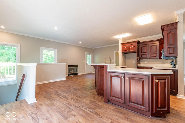 kitchen with hardwood / wood-style floors, ornamental molding, and an island with sink