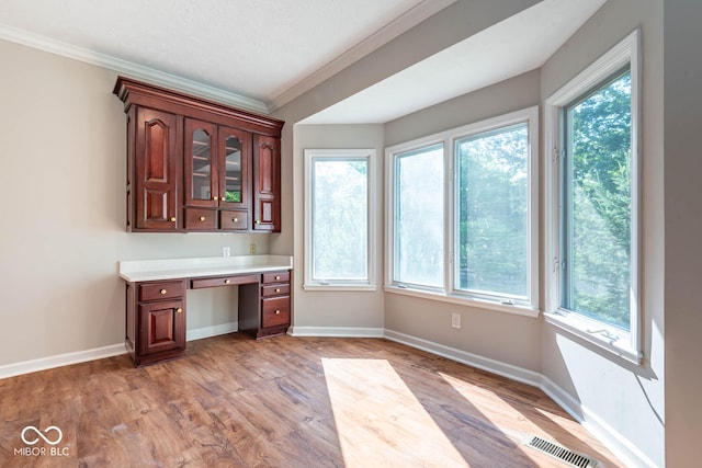 unfurnished office featuring light wood-type flooring, a wealth of natural light, and crown molding