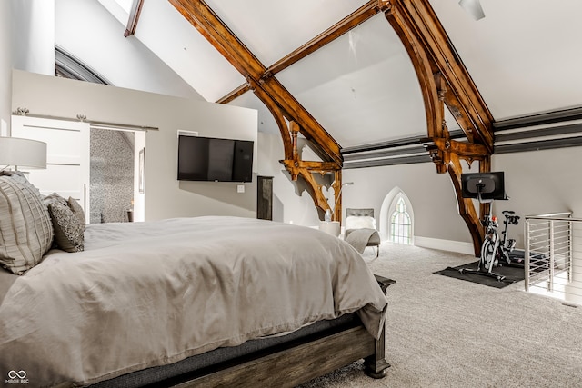 bedroom with carpet flooring, high vaulted ceiling, and beamed ceiling