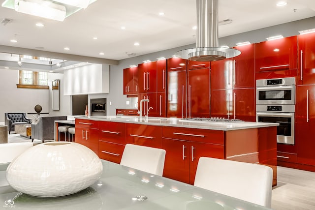 kitchen with a center island, light hardwood / wood-style floors, a fireplace, and appliances with stainless steel finishes