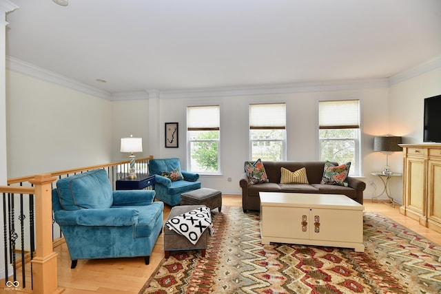 living room with light wood-type flooring and ornamental molding