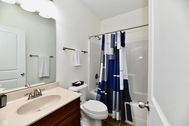 full bathroom featuring toilet, vanity, shower / tub combo with curtain, and tile patterned floors