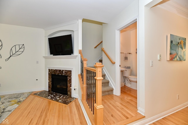 living room with a fireplace and wood-type flooring