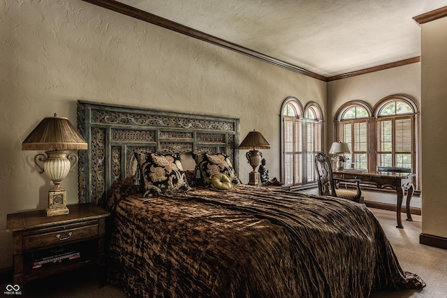 841 Alverna Dr, Indianapolis, IN 46260 - carpeted bedroom featuring a textured wall and ornamental molding
