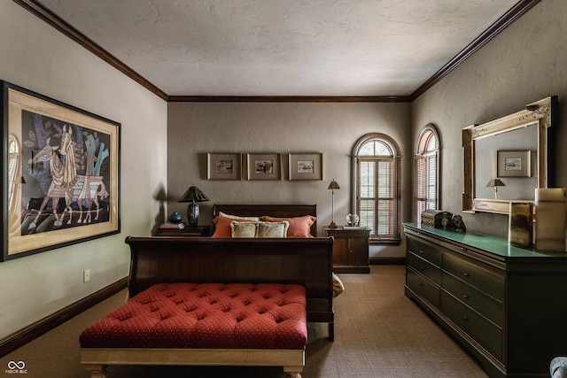 carpeted bedroom with a textured ceiling and crown molding