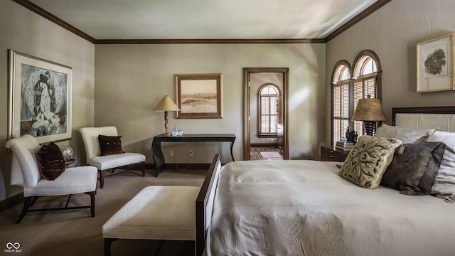 carpeted bedroom with ornamental molding