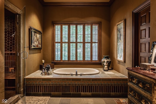 841 Alverna Dr, Indianapolis, IN 46260 - full bath featuring a garden tub, crown molding, a stall shower, and vanity