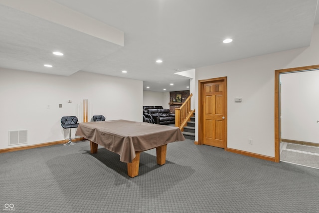 playroom featuring carpet flooring and pool table