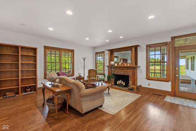 living room with a fireplace and hardwood / wood-style floors