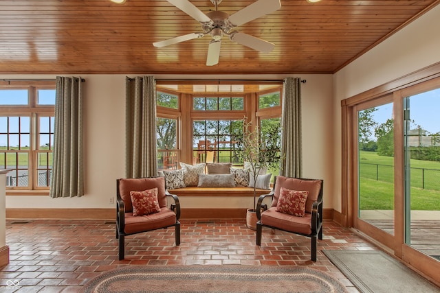 sunroom featuring ceiling fan and wooden ceiling