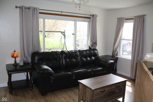 living room featuring wood finished floors and baseboards