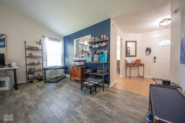 office area featuring hardwood / wood-style floors, a textured ceiling, and vaulted ceiling