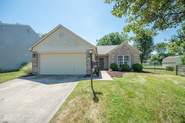 single story home with a garage and a front lawn