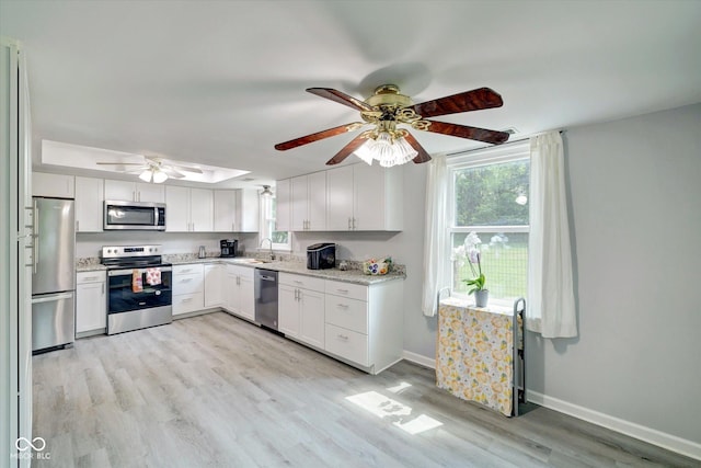 kitchen featuring white cabinets, sink, stainless steel appliances, and light hardwood / wood-style flooring