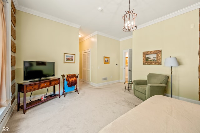 carpeted bedroom featuring a notable chandelier, a closet, and crown molding