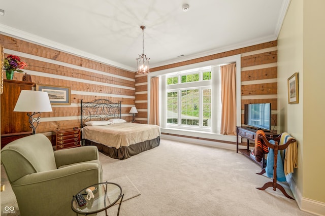 bedroom featuring carpet flooring, visible vents, crown molding, and wooden walls