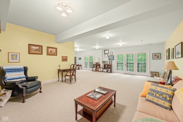 living room with carpet and beam ceiling