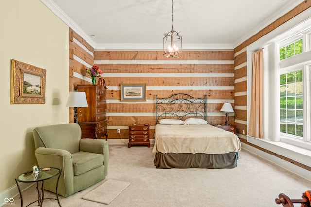 bedroom with light carpet, wood walls, crown molding, and an inviting chandelier