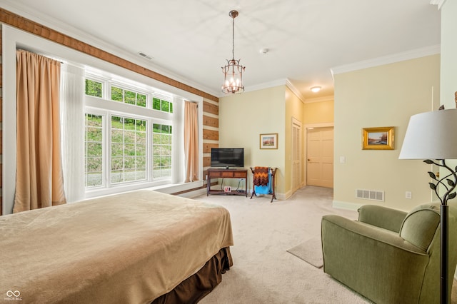 bedroom with carpet flooring, a notable chandelier, and ornamental molding