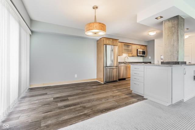 kitchen featuring appliances with stainless steel finishes, sink, dark hardwood / wood-style flooring, and decorative light fixtures