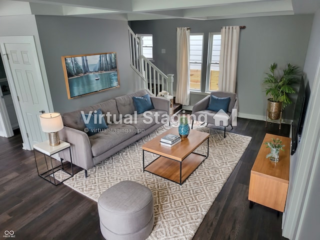 living room with dark hardwood / wood-style flooring