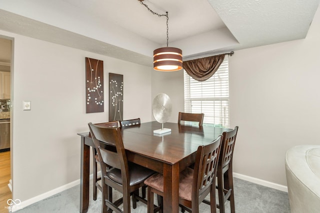 dining room featuring carpet floors and a tray ceiling