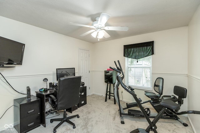 office featuring ceiling fan and light colored carpet