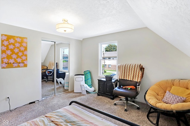 carpeted bedroom featuring vaulted ceiling, a textured ceiling, and a closet