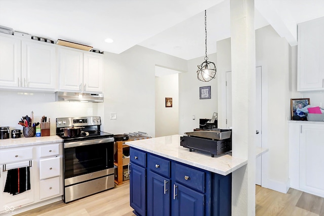 kitchen featuring stainless steel range with electric cooktop, blue cabinets, hanging light fixtures, light wood-type flooring, and white cabinetry