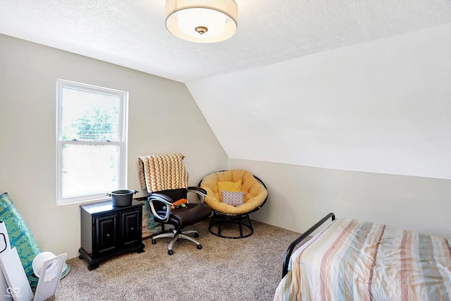 carpeted bedroom featuring a textured ceiling and vaulted ceiling