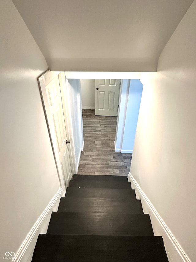 stairs with dark hardwood / wood-style floors