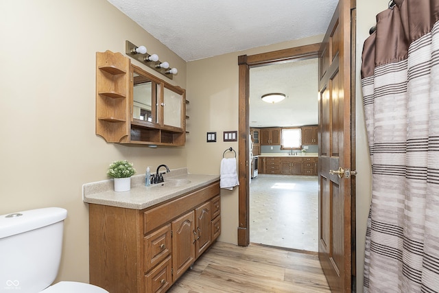 bathroom with wood-type flooring, vanity, a textured ceiling, and toilet