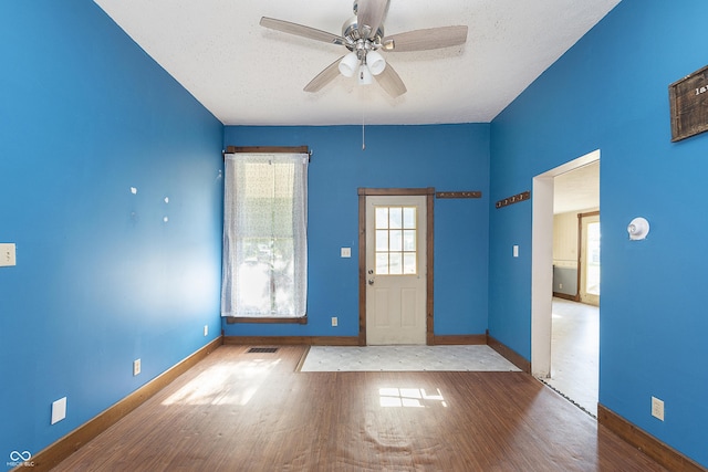 entrance foyer featuring ceiling fan, plenty of natural light, and wood-type flooring