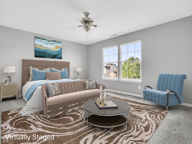 bedroom featuring carpet floors and ceiling fan