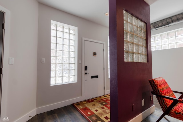 entrance foyer with dark hardwood / wood-style flooring and a healthy amount of sunlight