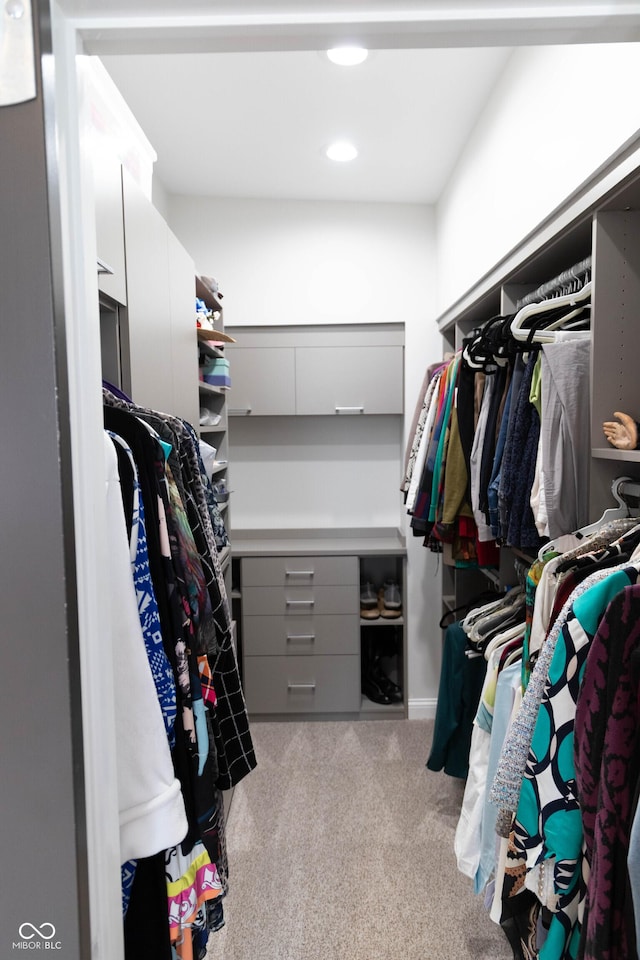 spacious closet featuring light colored carpet