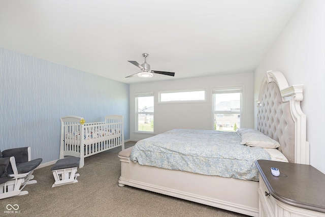 bedroom featuring carpet floors and ceiling fan