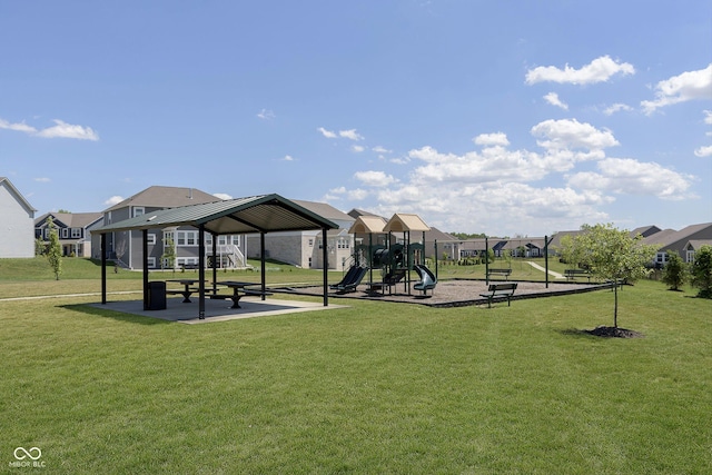 view of play area featuring a lawn