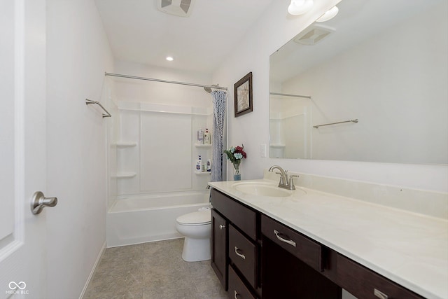 full bathroom featuring vanity, shower / bathtub combination with curtain, and toilet