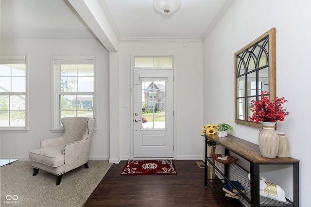 entrance foyer featuring dark wood-type flooring and ornamental molding