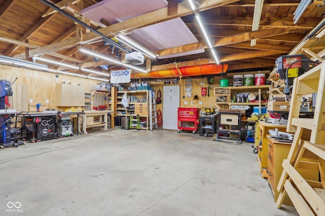 garage featuring a workshop area, a garage door opener, and wood walls