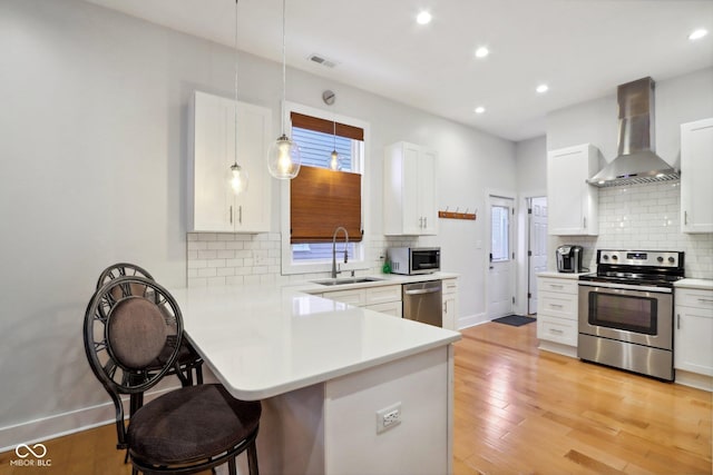 kitchen featuring white cabinetry, sink, wall chimney range hood, and appliances with stainless steel finishes