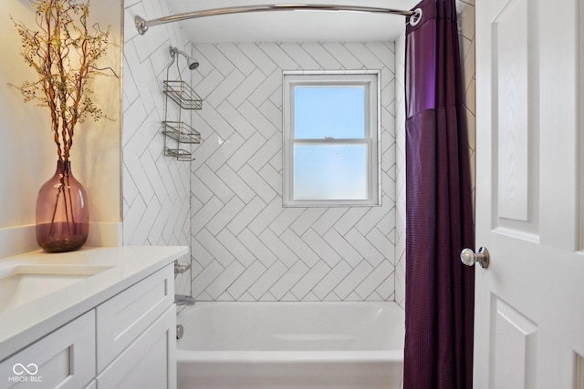 bathroom with shower / bath combination with curtain and vanity