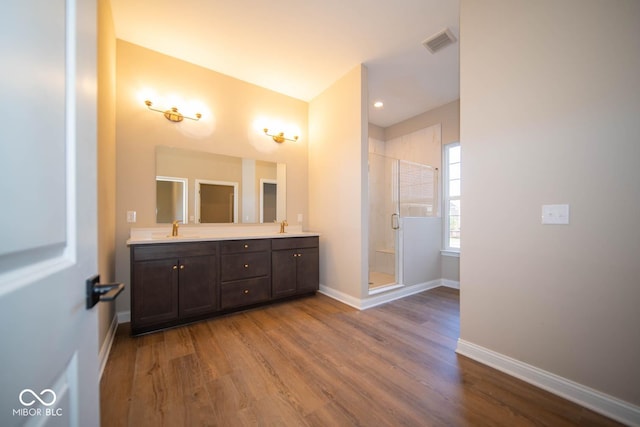 bathroom with vanity, wood-type flooring, and a shower with door