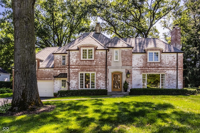 french provincial home with a garage and a front yard