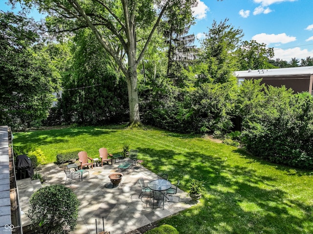 view of yard featuring a patio area and a fire pit