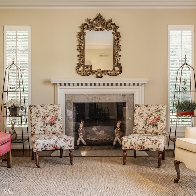 living area with a premium fireplace and plenty of natural light